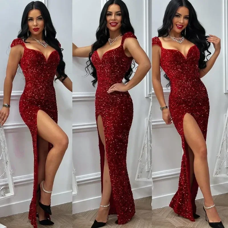 GUWU Abiti da sera sexy in velluto con paillettes per le donne Abito lungo da ballo per occasioni formali con spacco alto laterale per feste notturne