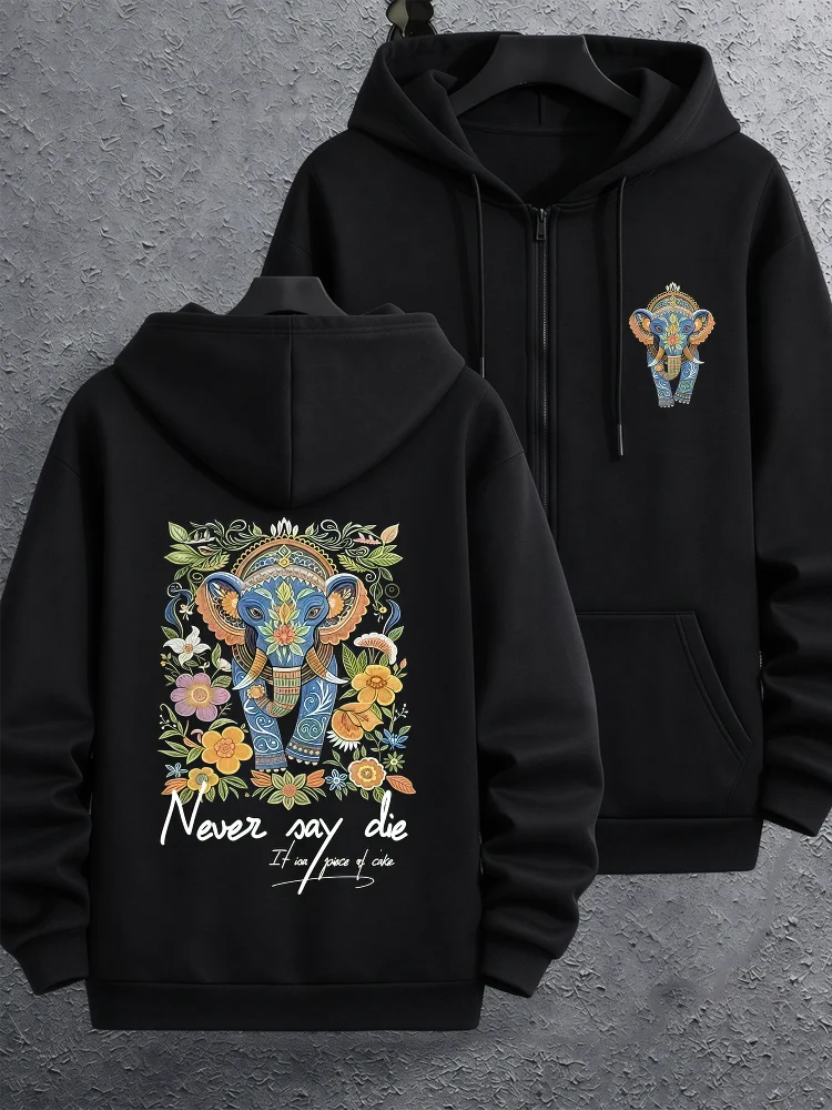 Streetwear Tribal Elephant Graphic Mens Zip Up Fleece Hoodies Warm Winter Casual Athletic Gym Sweatshirt Loose Workout Jacket