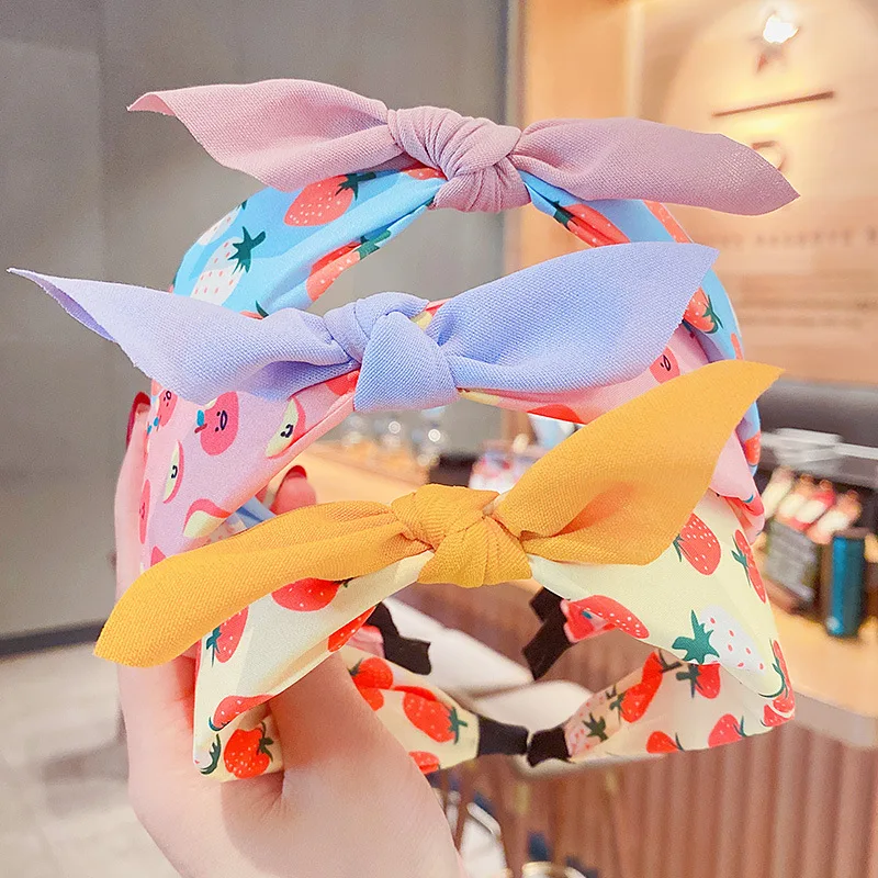 2023 Spring Summer Children Fruit Flower Knotted Hair Bands Kids Headbands Hair Accessories Cute Rabbit Ears Cherry Hair Hoops