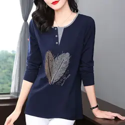 Camisetas de manga larga con plumas para mujer, blusa elegante con cuello redondo, Jersey Vintage de talla grande, novedad de 2023