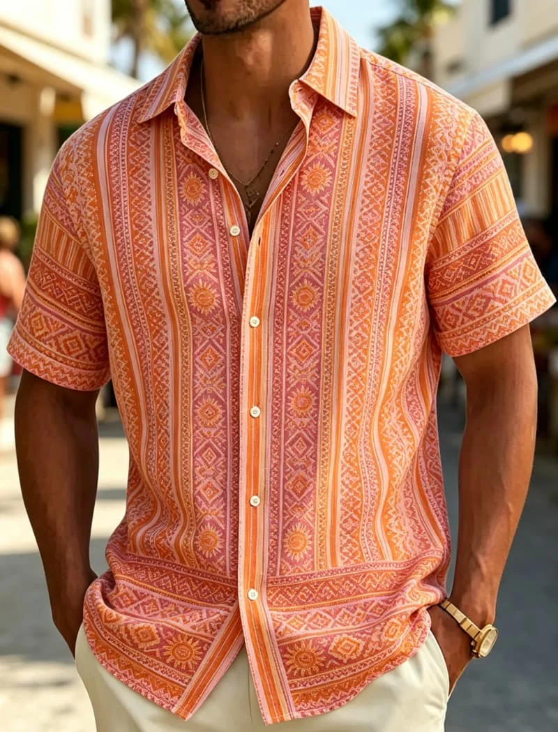 Men's Short Sleeve Shirt Lapel Vintage Baroque Floral Stripe Print Button Up Casual Resort Holiday Summer Mens Clothing