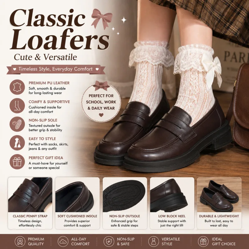 Women Leather Loafers Platform Shoes, Thick Sole Penny Loafers Vintage, British JK Uniform Slip On, Flats Brown School Shoes New