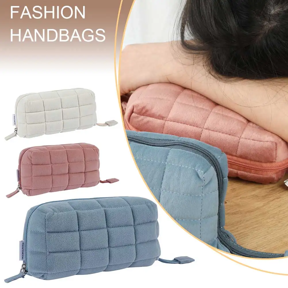 

Pillow Shape Cosmetic Bag Multifunction Quilted Simple Pen Pouch Large Capacity Makeup Organizer Bag Cotton for Outdoor Travel