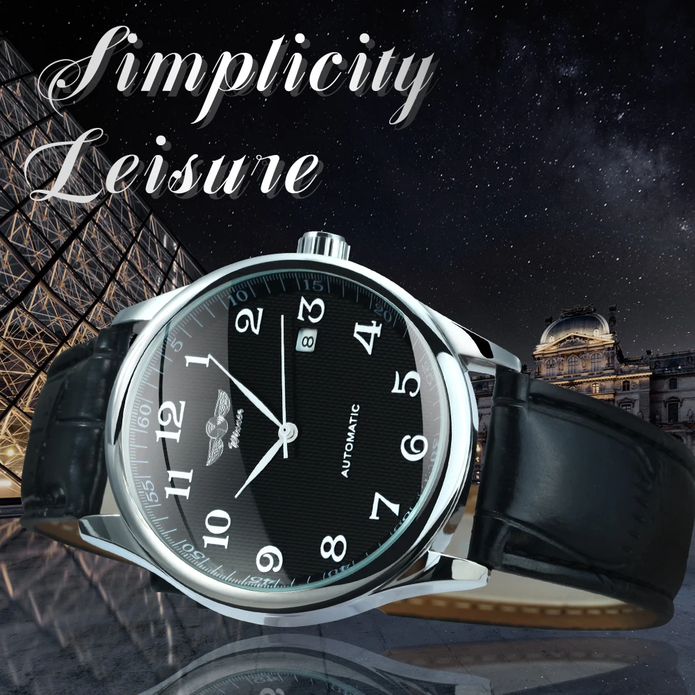 Winner Klassische Business-Armbanduhr für Herren, Retro-Kalender, blaue Zeiger, automatische mechanische Uhren, Top-Marke, Luxus-Stahl-Ledergürtel – Detail 4