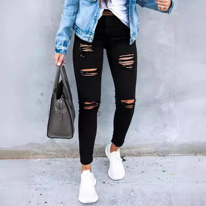 Denim Pencil Pant Women Jeans Long Pants Slim Mom Jeans High Waist Hole Trousers Y2k Streetwear Elegant Splice Slim Bodycon