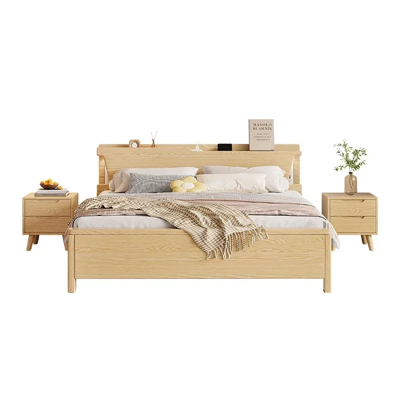 White wax wood full solid wood bed, simple and modern Nordic double master bed, large bed storage, Japanese style,