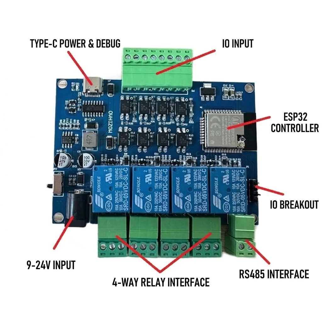 ESP32 Type-C 9-24V BT WiFi Relay Control Board 4 Channel Relay 4 Way Opto-isolated Input RS485 MODBUS Protocol for IOT Project