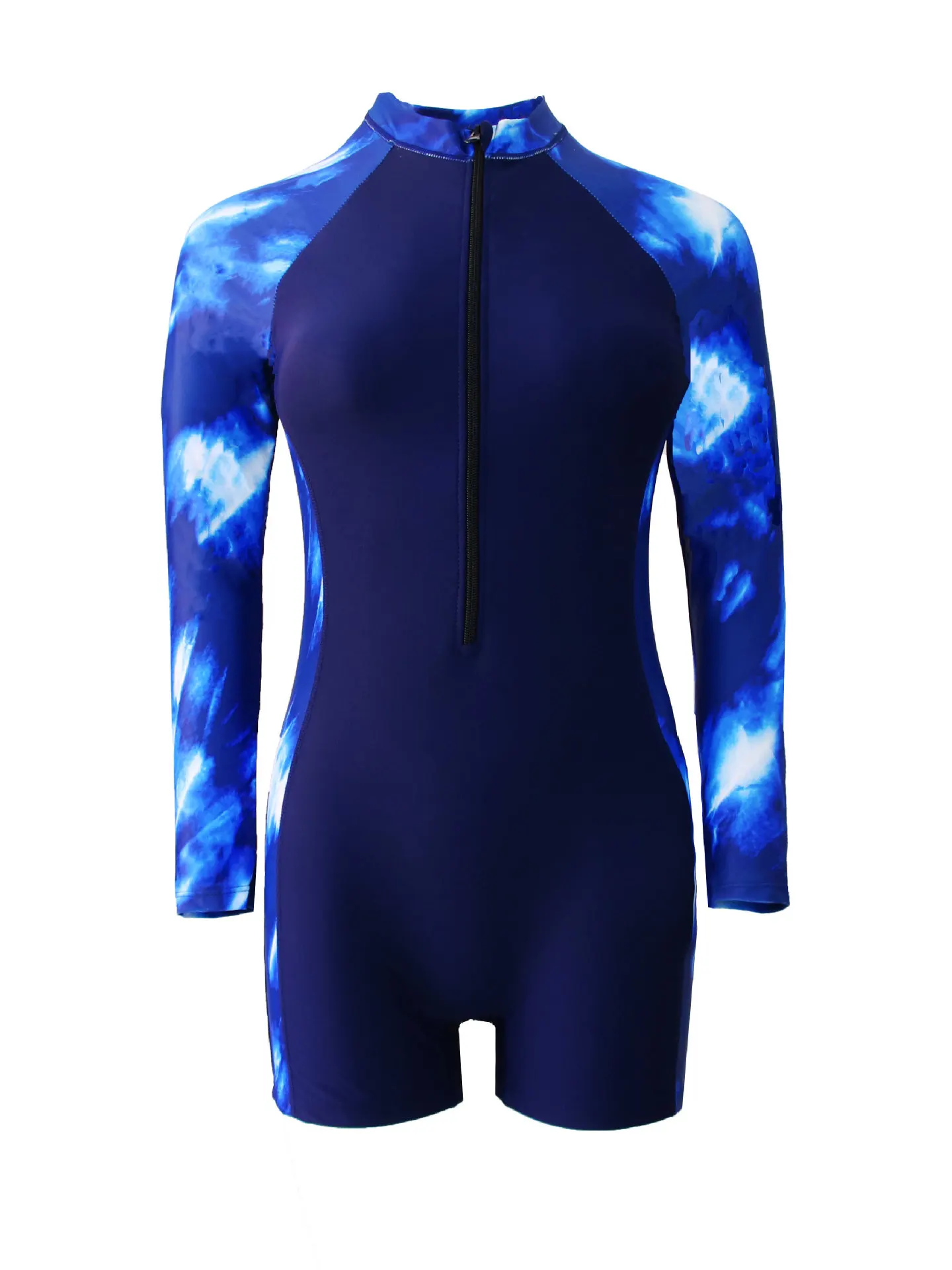 

Blue Zipper Swimwear Women New Bathing Suits Korean Beachwear Long Sleeve One Piece Swimsuit Shorts Women Sporty Surfing Suit