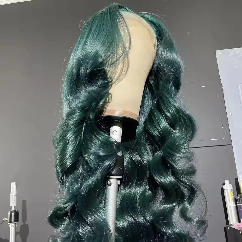 Synthetic Hair Transparent 13X4 Dark Green Long Body Wave Lace Front Wig For Women Glueless Pre Plucked Cosplay Daily Wear Fiber