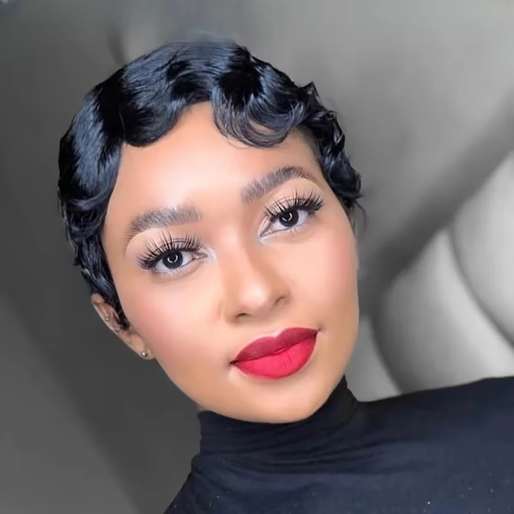 

Finger Wave Short Pixie Cut Wig Curly Wigs Bazilian Remy Hair for Black Women Glueless 100% Human Hair Wigs Daily Party Cosplay