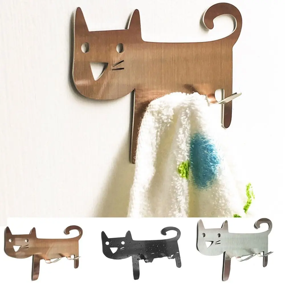 Cartoon Metal Cat Shaped Hook Wall Mounted Stainless Steel Keys Towel Hanger Decorative Self-Adhesive Storage Hook Bathroom