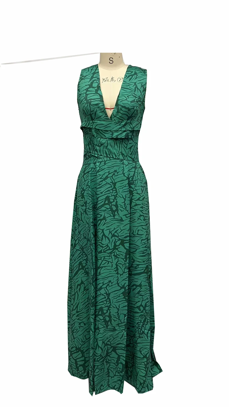 Fashion Green Printed Party Dresses Sexy Deep V Neck Evening Dresses Elegant Sleeveless Bow Ruffles Female Prom Vestidos Robes