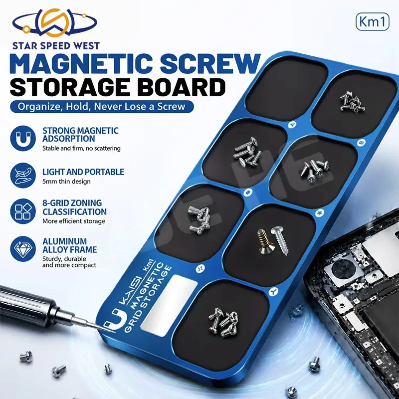 KAISI KM1 Magnetic Storage Board Screw Organizer with 8 Zones and Magnetizer for Phone Repair Tools Screws Parts Organizer