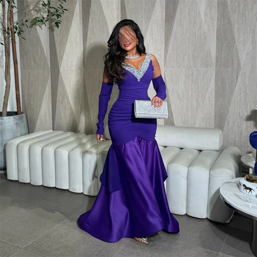Paarse kralen partij lange op maat gemaakte gelegenheid jurk avondjurken Pastrol Unisex Jersey Retro Dubai Saoedi-Arabische Prom aangepast