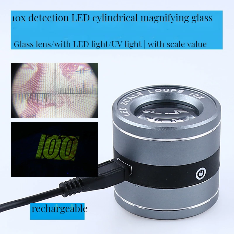 Jewelry Loupe Cylinder 2Led 2Uv with Scale Optical Glass Lens Magnification 10X Portable Bead Identification Magnifying Glass