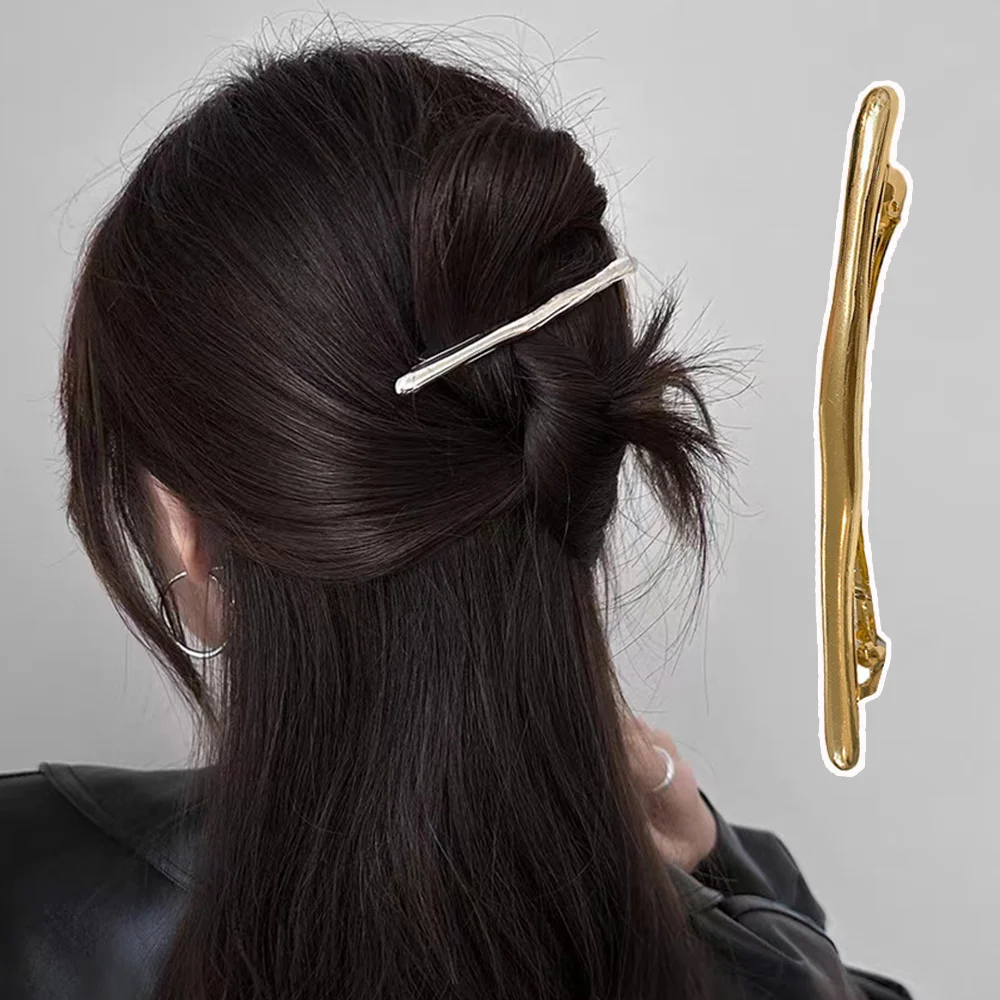 Women Vintage Simple Golden Long Strip Barrettes 11.6cm Metal Irregular Shape Hair Clip Ladies Smooth Spring Clip Hairgrip