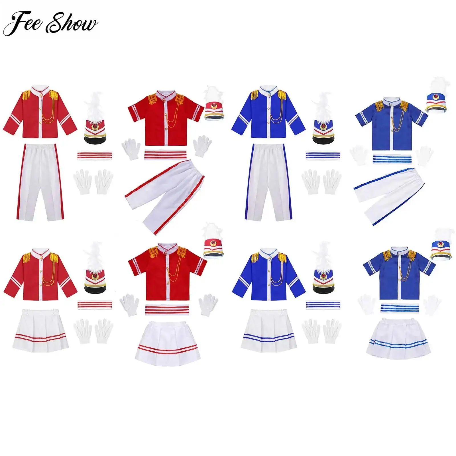 Kids Unisex Drum Trumpet Team Costume Honor Guard Uniform Suit Tops with Pants Pleated Skirt Feathers Trim Hat Gloves Waistband