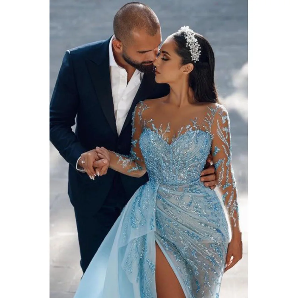 Luxury Exquisite Blue Wedding Party Dresses Sweetheart Full Sleeves Trumpet Floor Length High Quality Women Evening Party Gowns