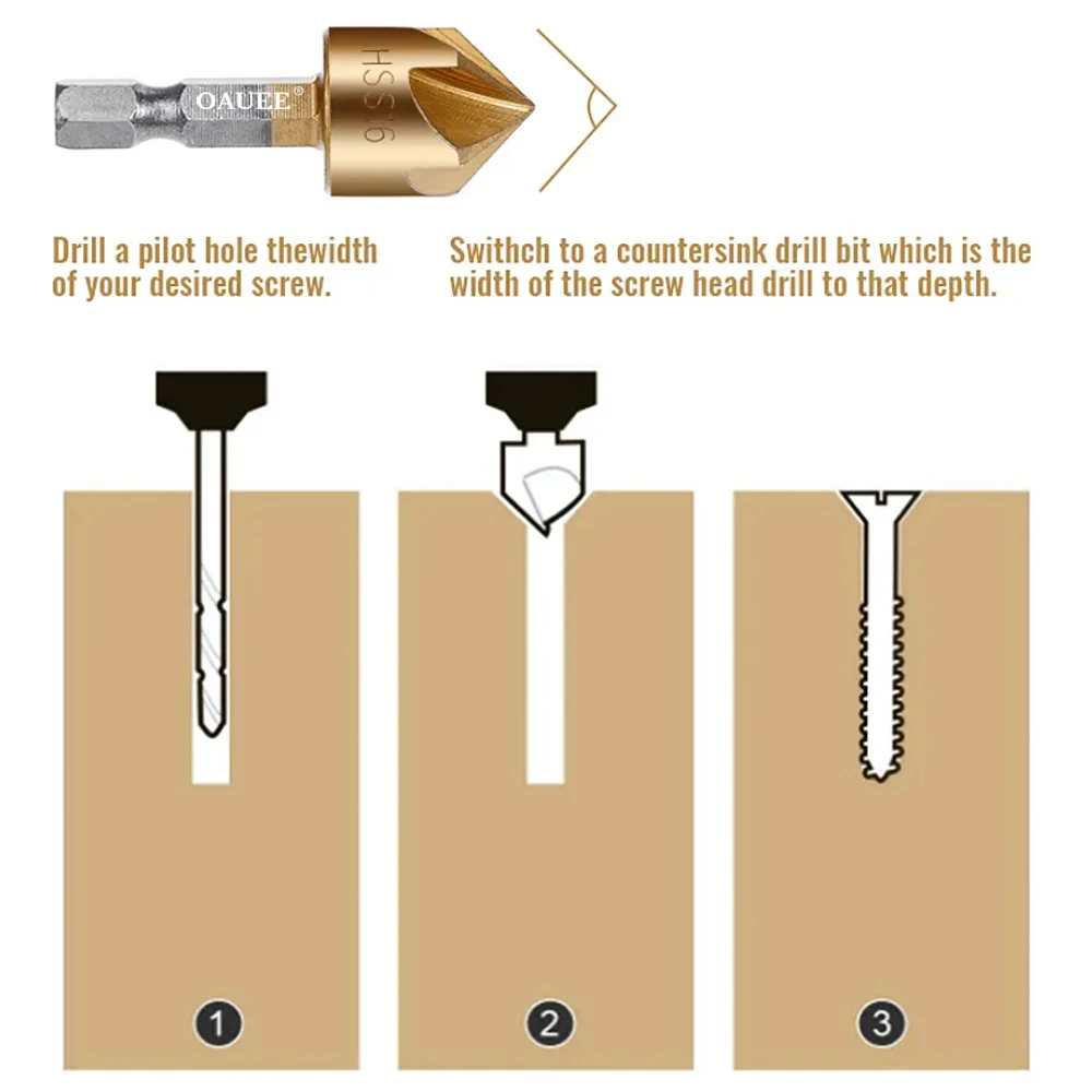 Oauee 2/3/5PCS Counter Sink Drill Bit Set 1/4\'\' Hex Shank HSS 5 Flute Countersink 90 Degree Wood Chamfered Cutter Chamfer 6/19mm