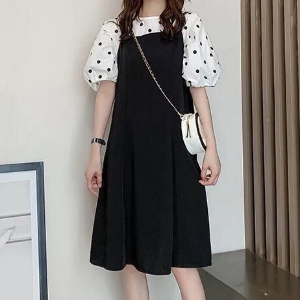 

Leisure Puff Sleeve Suspenders Dresses Women Dot Sweet Two Piece Set Dress Beachwear Streetwear T shirt Dress Student