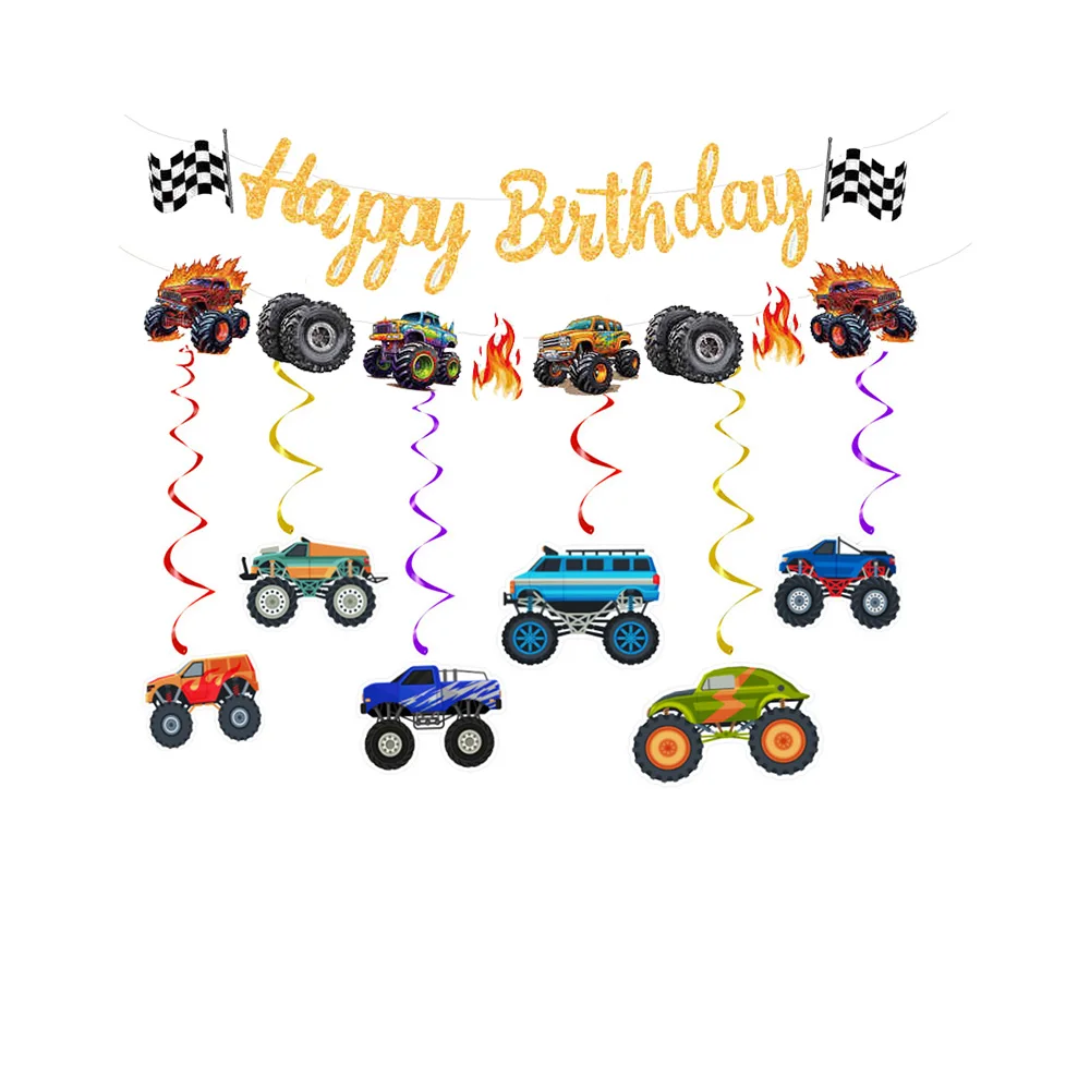 Monster Truck Party Dekorationsbanner Monster Truck Happy Birthday Girlande Banner Hängedekoration Jungen Rennwagen Party Dekoration – Detail 2
