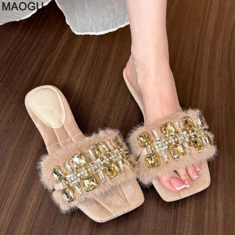 

French Rhinestone Buckle Plush Slippers Women's 2025 Spring Autumn New Square Toe Open Toe Slides Sandals for Women Fashion