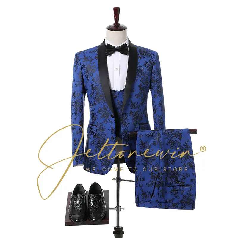 

Wedding Groom Blue Floral Pattern Jacquard Men Shawl Lapel Blazer Set Suit Singers Prom Costume Latest Coat Pant Designs 3 Piece