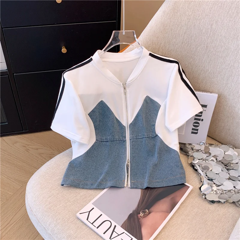 Denim patchwork Two-piece Set Women Summer HongKong Tops Wide Leg Shorts Short-sleeved zipper Shirt+Shorts Casual Sports Suit