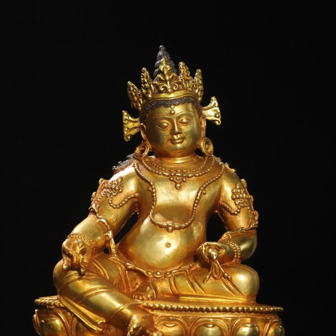 Gilded Pure Brass Yellow Jambhala Buddha Statue Tibetan Antique Home Temple Altar Decor Craft