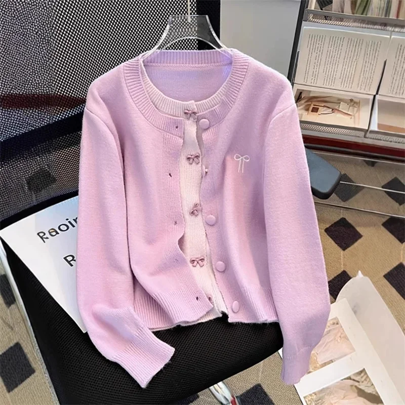 

2025 New Bow Purple Fake Two-piece Knitted Cardigan Sweater Coat Women's Autumn Long Sleeve Casual Chic Knitwear Lady Tops
