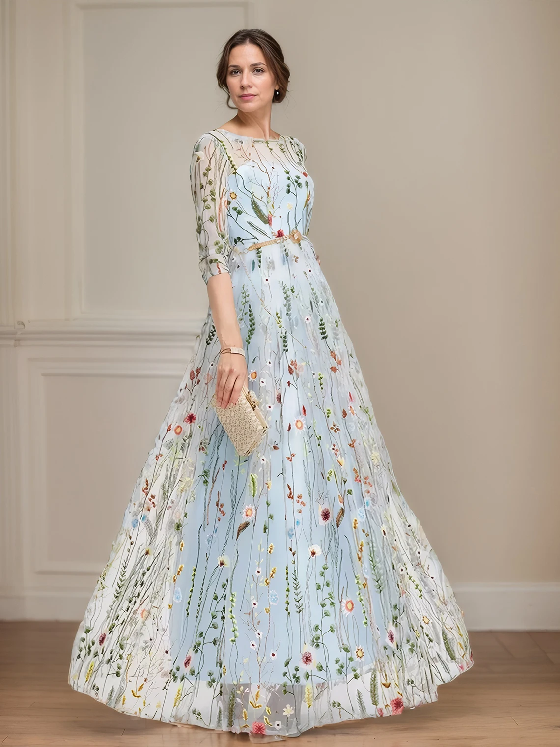 

A-Line Elegant Mother of the Bride Dresses Floral Wedding Guest Gowns Lace 3/4 Length Sleeve Illusion Neck 2025 free customized