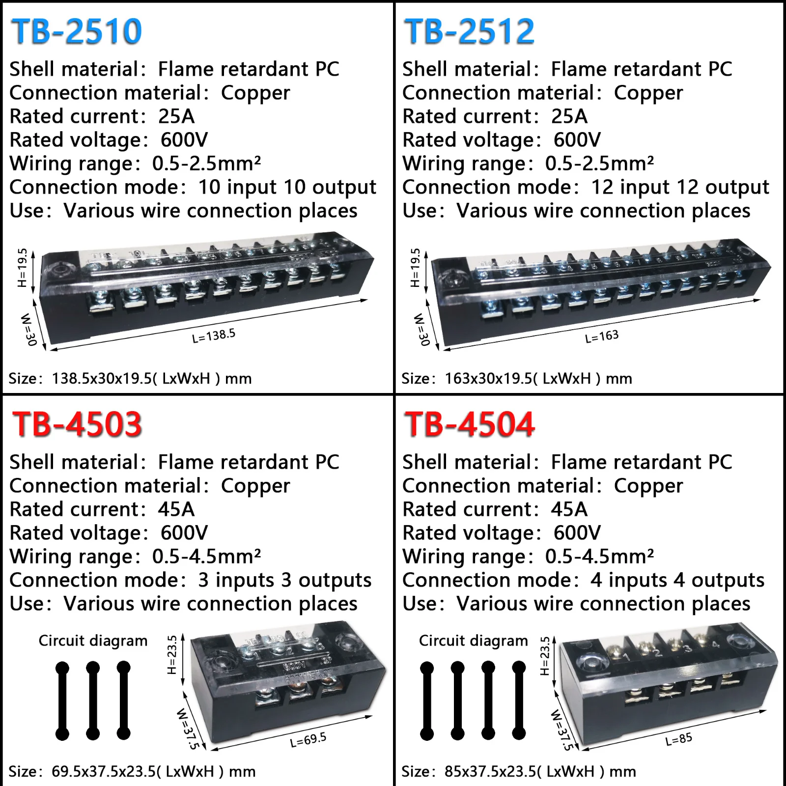 15a/25a/45a 600v fileira dupla barreira parafuso bloco terminal fio conector tb série 3/4/5/6/8/10/12 pinos opcional tb-1503 tb-2503