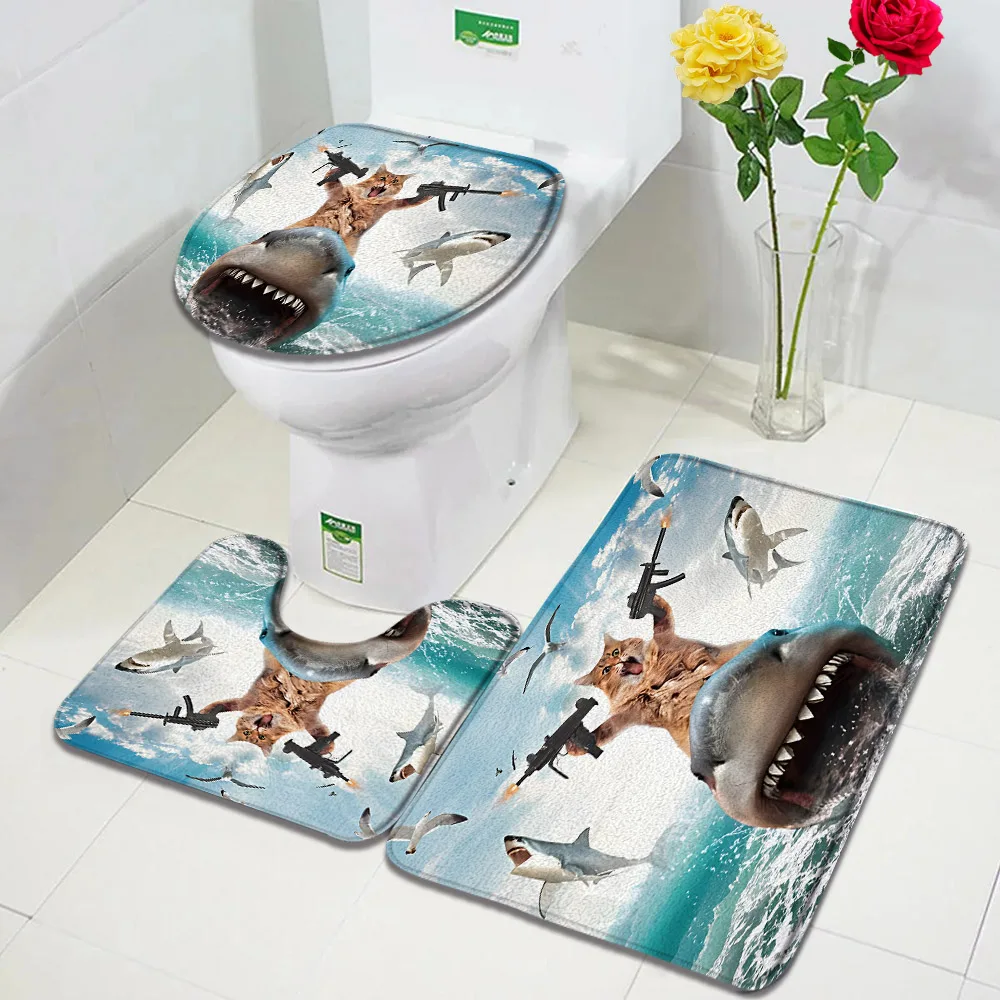 Funny Cat Bath Mat Set Creative Dinosaur Surf Sea Waves Grey Planks Kids Home Carpet Bathroom Decor Floor Rugs Toilet Lid Cover