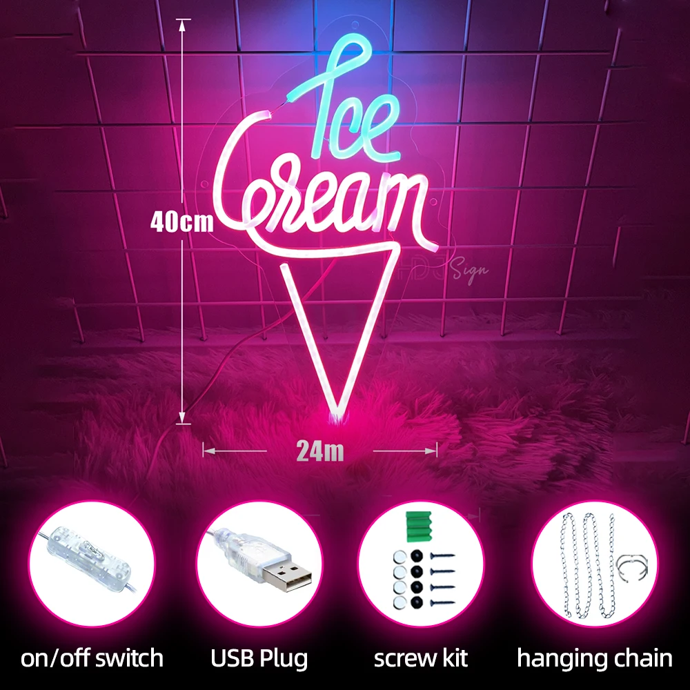 Sorvete LED Neon Sign Lights Cafe Store Aberto Sinal De Boas Vindas Luzes LED Sobremesa Sala Decoração Parede Bar Neon LED Light For Snack Shop