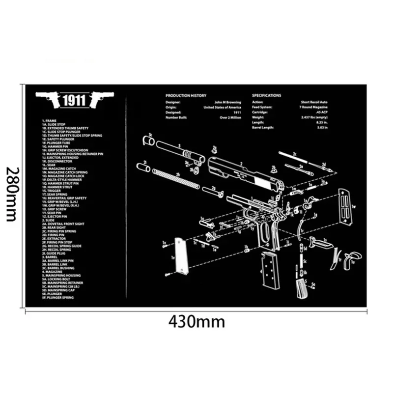 280x430mm Gun Cleaning Rubber Mat With Parts Diagram Instructions Mouse Pad For 1911 Glock HK USP M92 P220 226