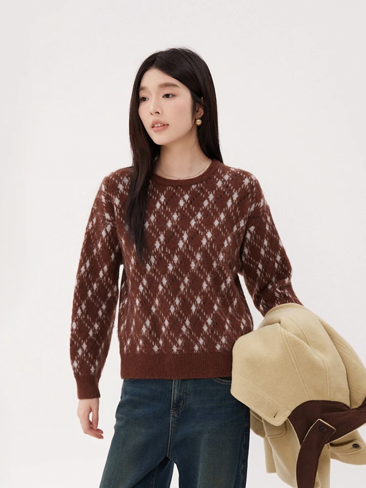 

Boran 2025 Retro Ele Faion Loose Warm Geometric Long Sve Knitted Sweater Soft French Sle Autumn Winter Women's Fas...