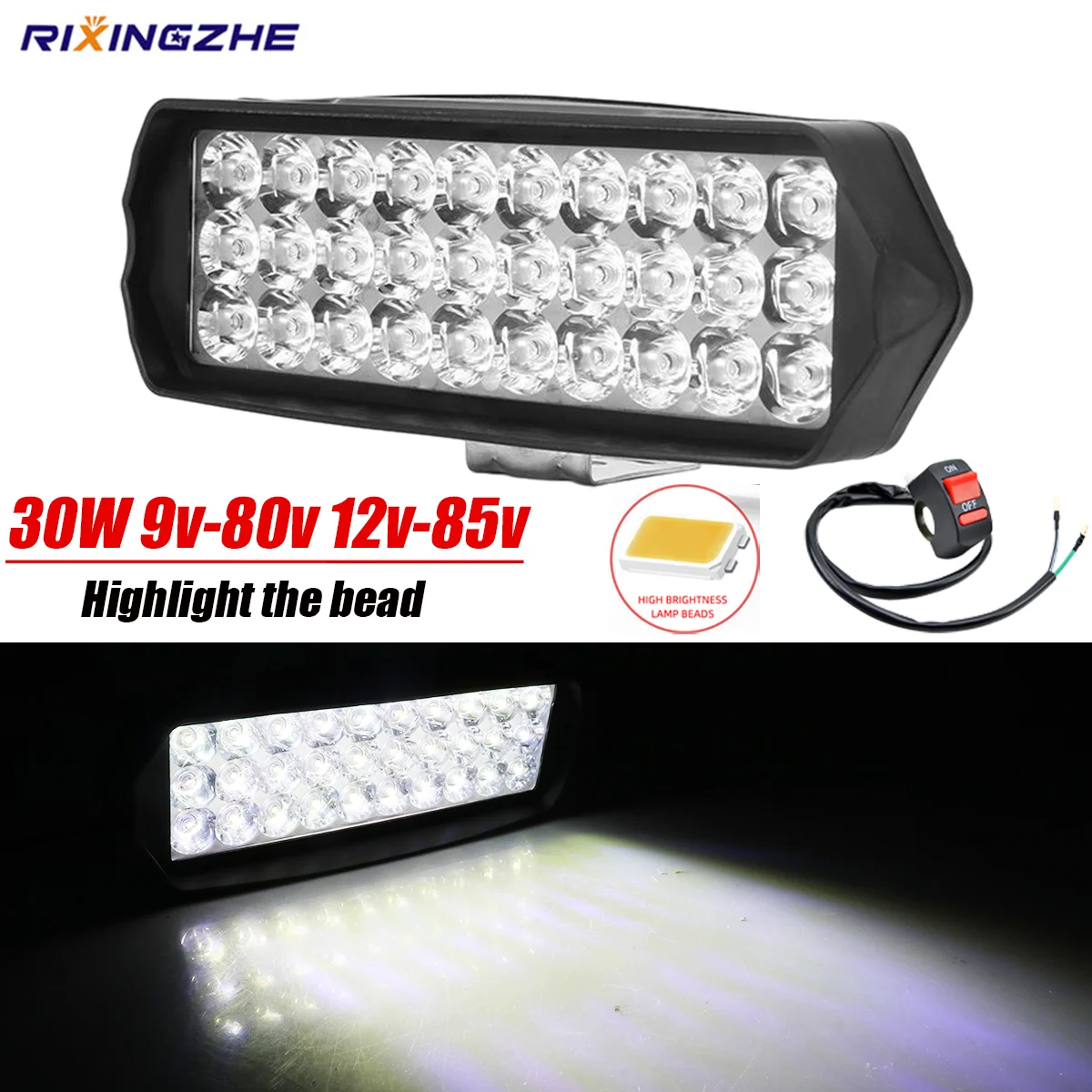 

RXZ Motorcycle spotlights Electric scooters tricycle 30 LED spotlights ABS Aluminum alloy housing universal 12V-85V