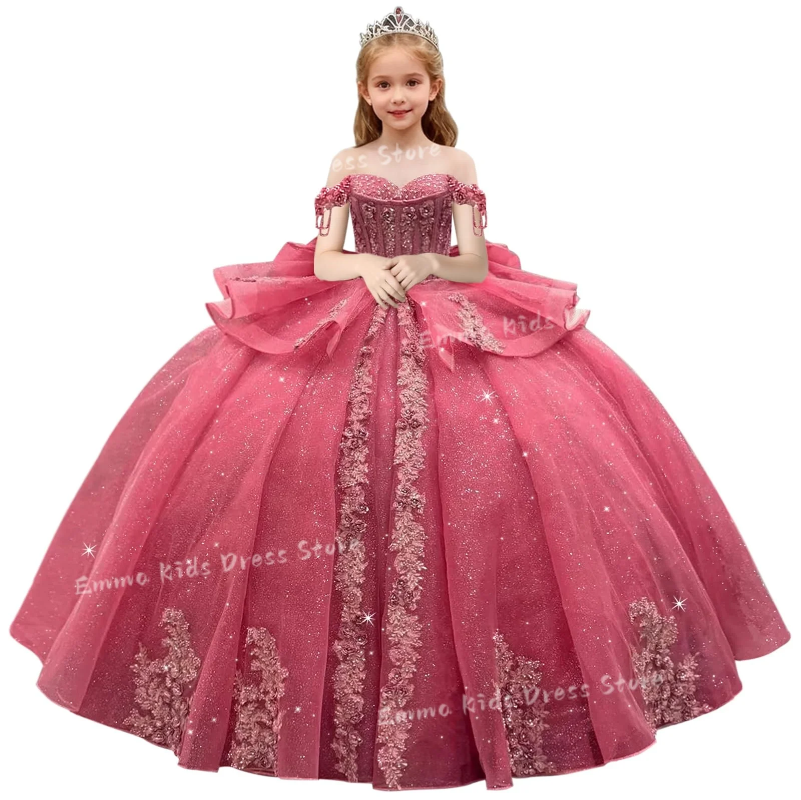 Lace Applique Flower Girl Dress with Long Bow Layered 3D Flower Girls Ball Gowns Beading Pageant Dresses for Girls
