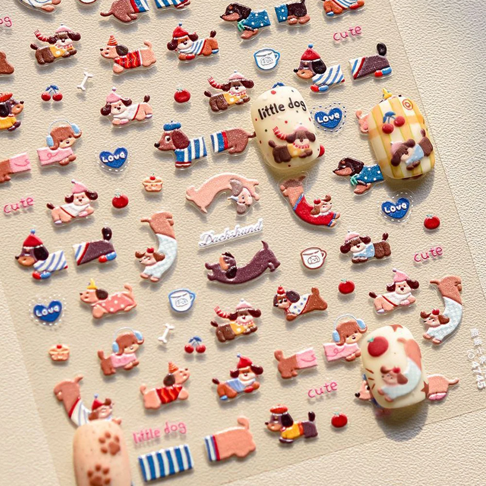 Süße Welpe Cartoon Nagel Aufkleber Dackel Liebe Herzen Früchte Apfel Kirsche Knochen 5D Nail Art Aufkleber Selbstklebende Maniküre Aufkleber