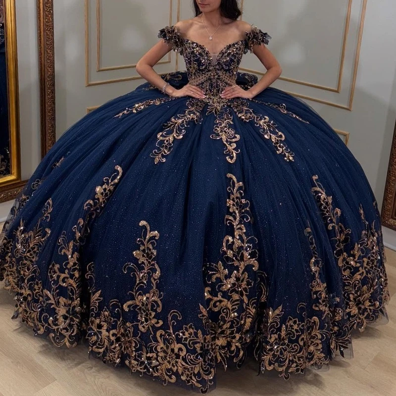 

Navy Blue Shiny Quinceanera Dresses Ball Gown Off Shoulder Sequin Gold Applique Beading Tull Corset Sweet 16 Dress Vestidos 15
