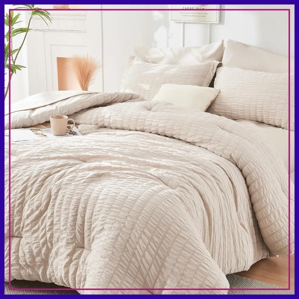 

Queen Comforter Set 7 Pieces, Seersucker All Season Bedding Set for Bedroom