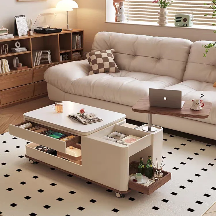 Movable advanced light luxury multi-functional medium and ancient style lifting rock slab coffee table desk