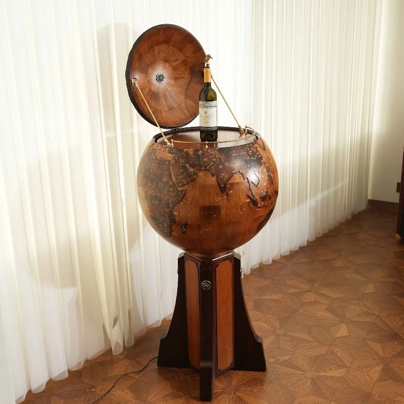 Chinese Antique Furniture Custom Globe Shape Wine Cabinet Display Bar Liquor Storage Cabinet Lift up Hardware Corner Cabinet