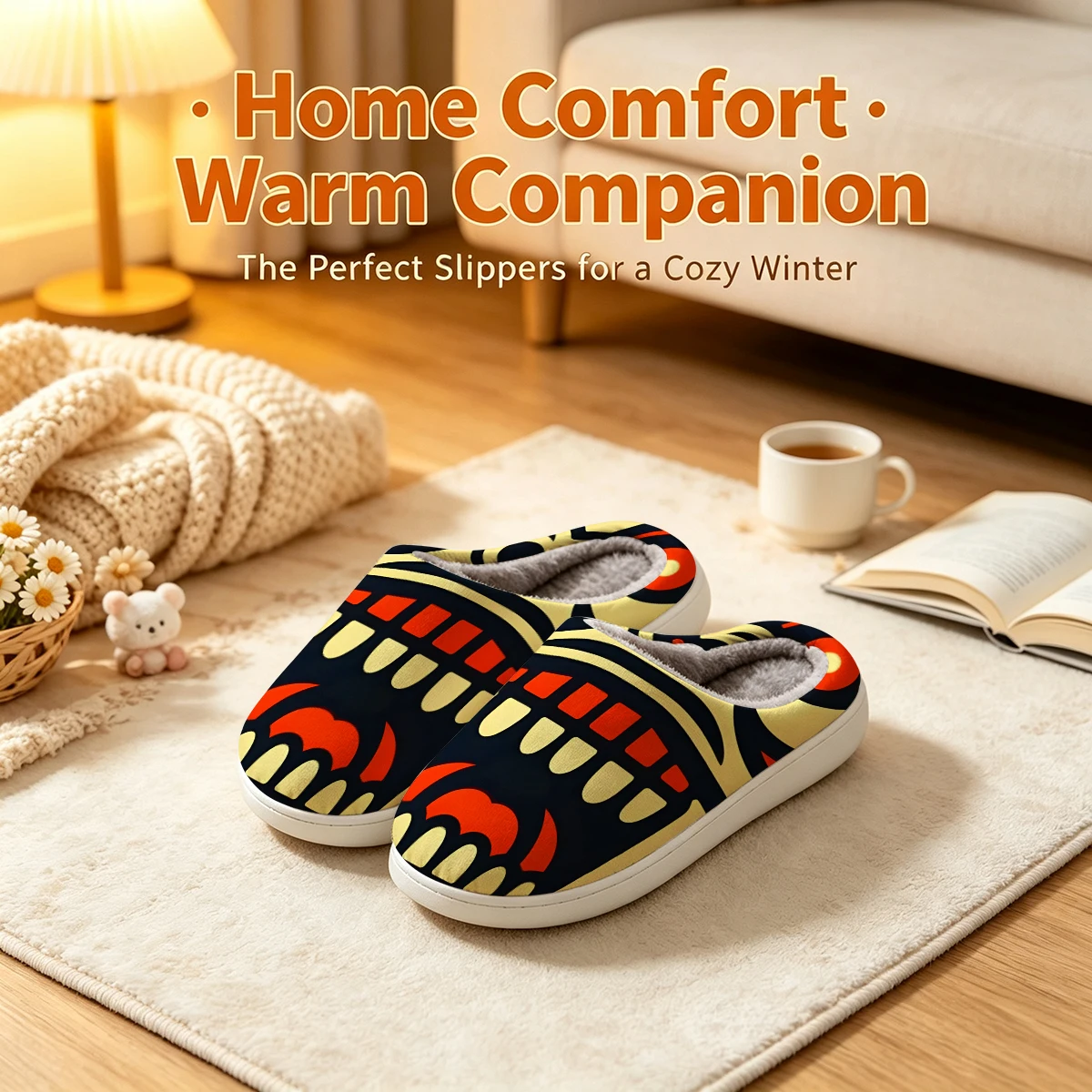 Tribal Mask Totem Christmas White Slippers Warm Plush Indoor Shoes Non-Slip Winter Slippers Family Holiday Gifts Soft view 3