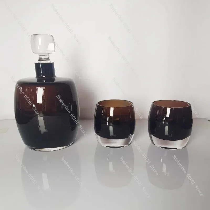 Luxury Hand Printed Crystal Drinkware Set, Coffee Color Wine Display for Living Room, Model Home Decor Piece