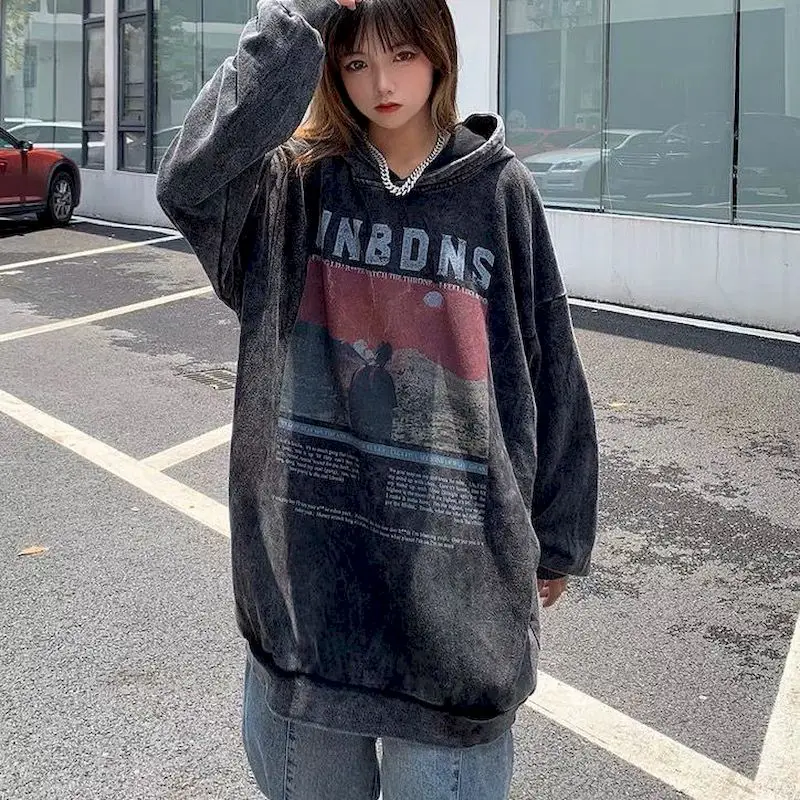 

Американские винтажные толстовки для женщин и мужчин, толстовка с капюшоном большого размера, дизайн заката, ниша, свободная толстовка в ленивом стиле, осенние топы