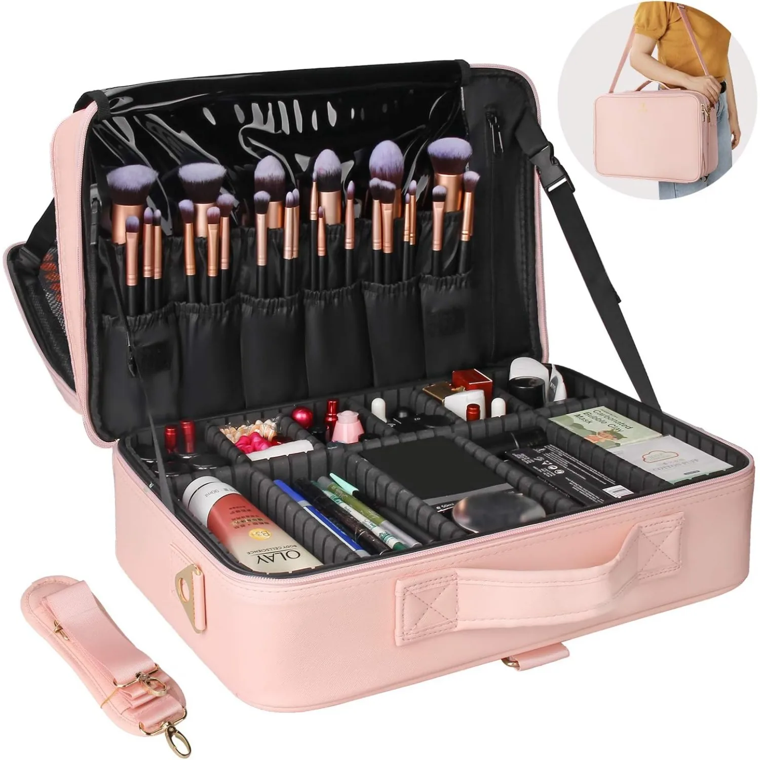 

Travel Makeup Train Case Makeup Cosmetic Case Organizer Portable Artist Storage Bag with Adjustable Dividers for Cosmetics