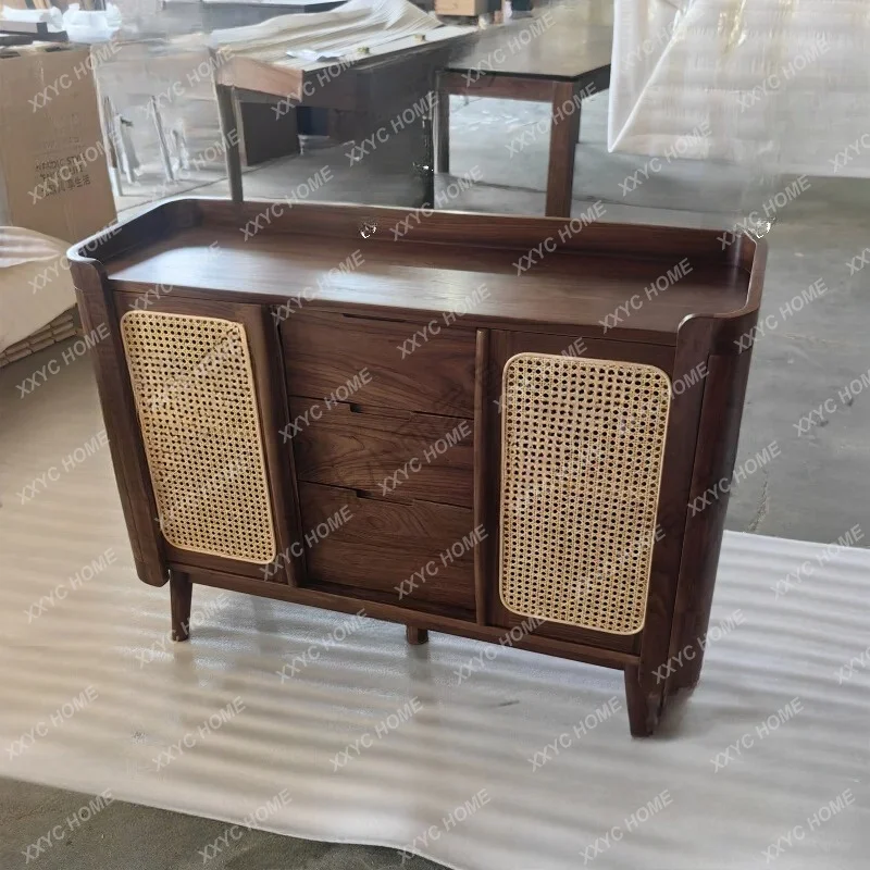 A solid wood locker rattan side cabinet retro sliding door