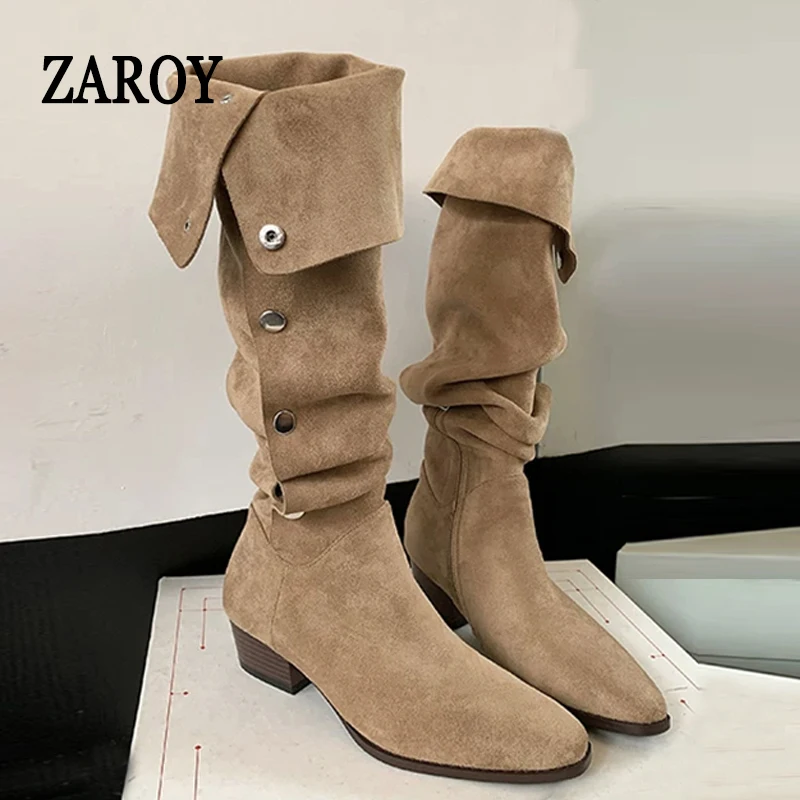 ZAROY Woman Boots Knee High Square Heels Pointed Toe Long Boots Khaki Suede Winter Cozy Soft Warm Tall Boots Punk Cowboy Booties
