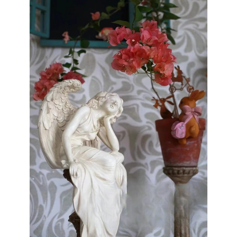 Outdoor Garden Gardening Vintage Resin Sitting Angel Ornament Garden Landscape Home Window Display